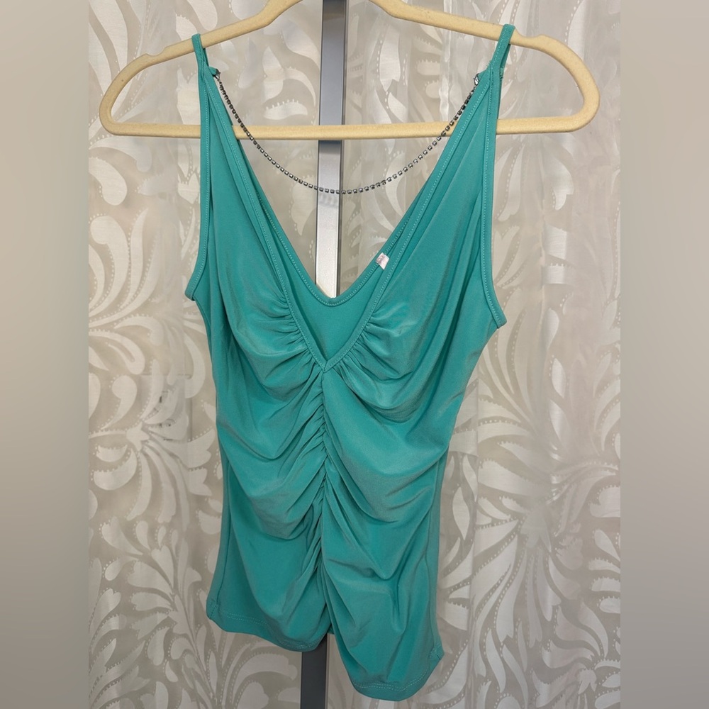Vintage Turquoise V Neck Tank Top with Detachable Rhinestone Embellishment